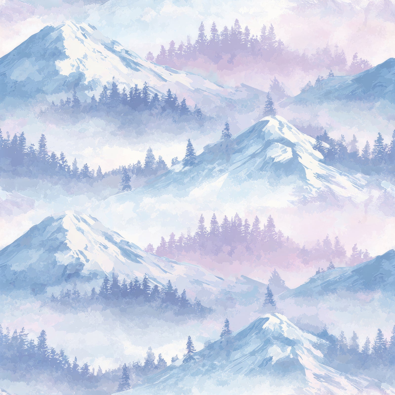 Watercolor alpine wallpaper, pattern featuring snowy mountains and evergreen forests, with hazy lavender accents.
