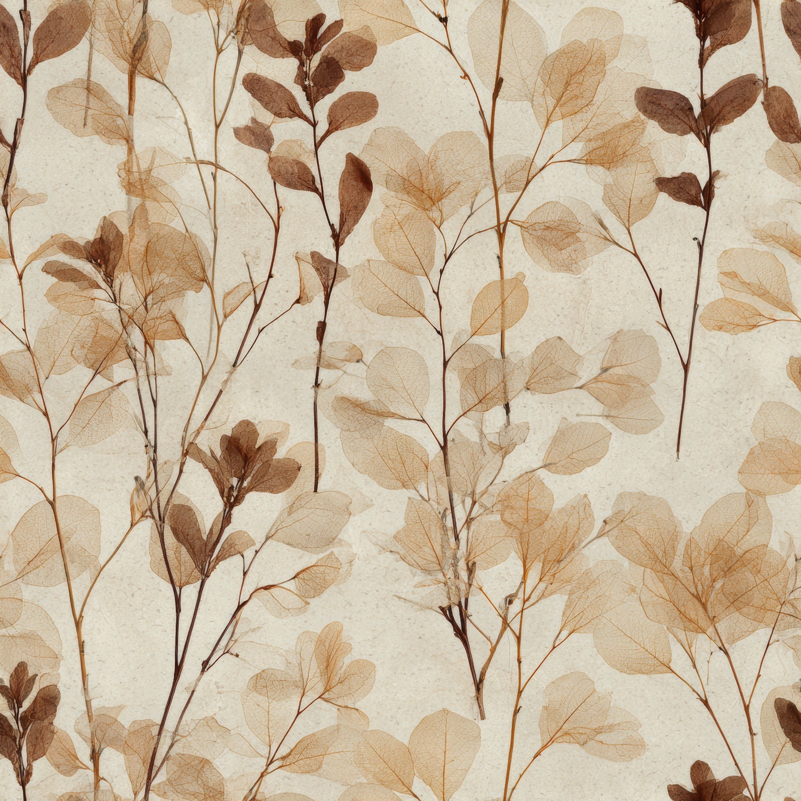 Herbarium wallpaper with brown and beige tones, featuring delicate dried leaf patterns.