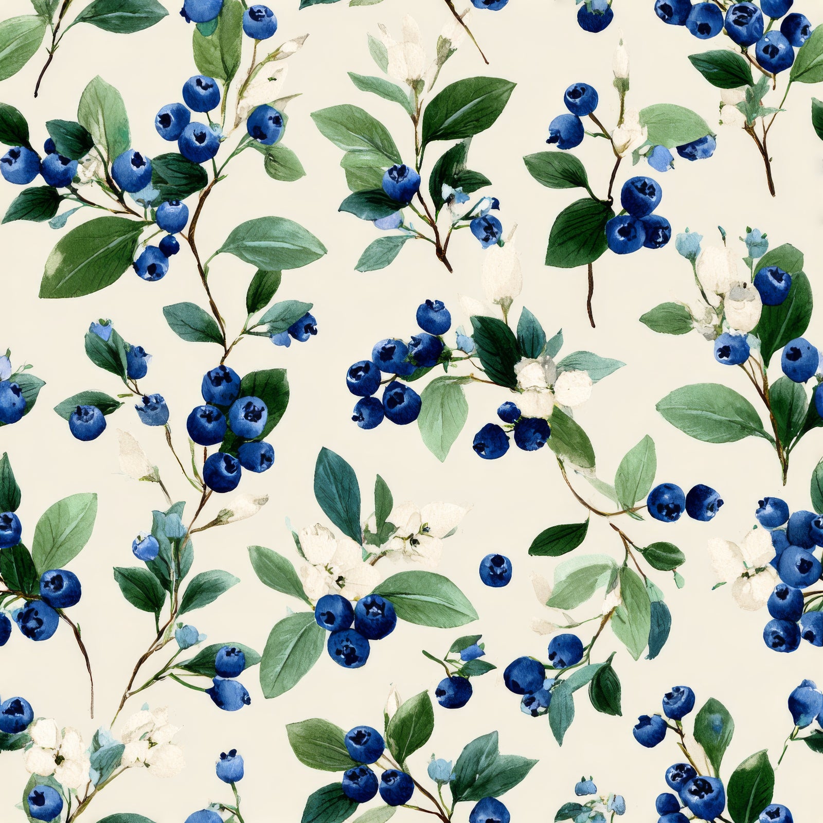 Floral wallpaper by Color Bakery with blueberry pattern, green leaves, and off-white background.