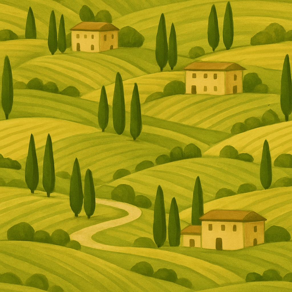 Landscape wallpaper with rolling hills by Wallpaper Republic, featuring houses and cypress trees.