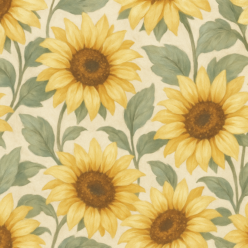Sunflower patterned wallpaper with green leaves on a light tan background.