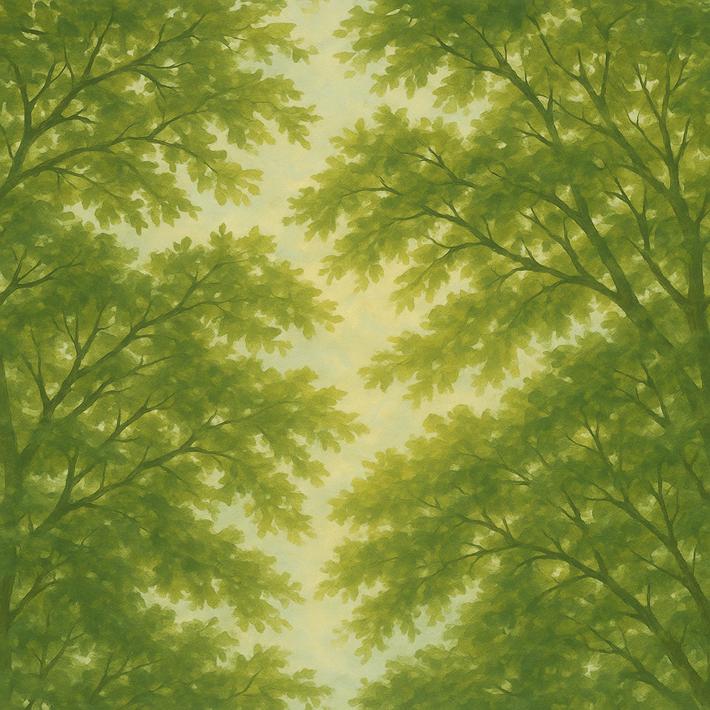 Green canopy wallpaper with tree branches from below, showing a dappled sky.