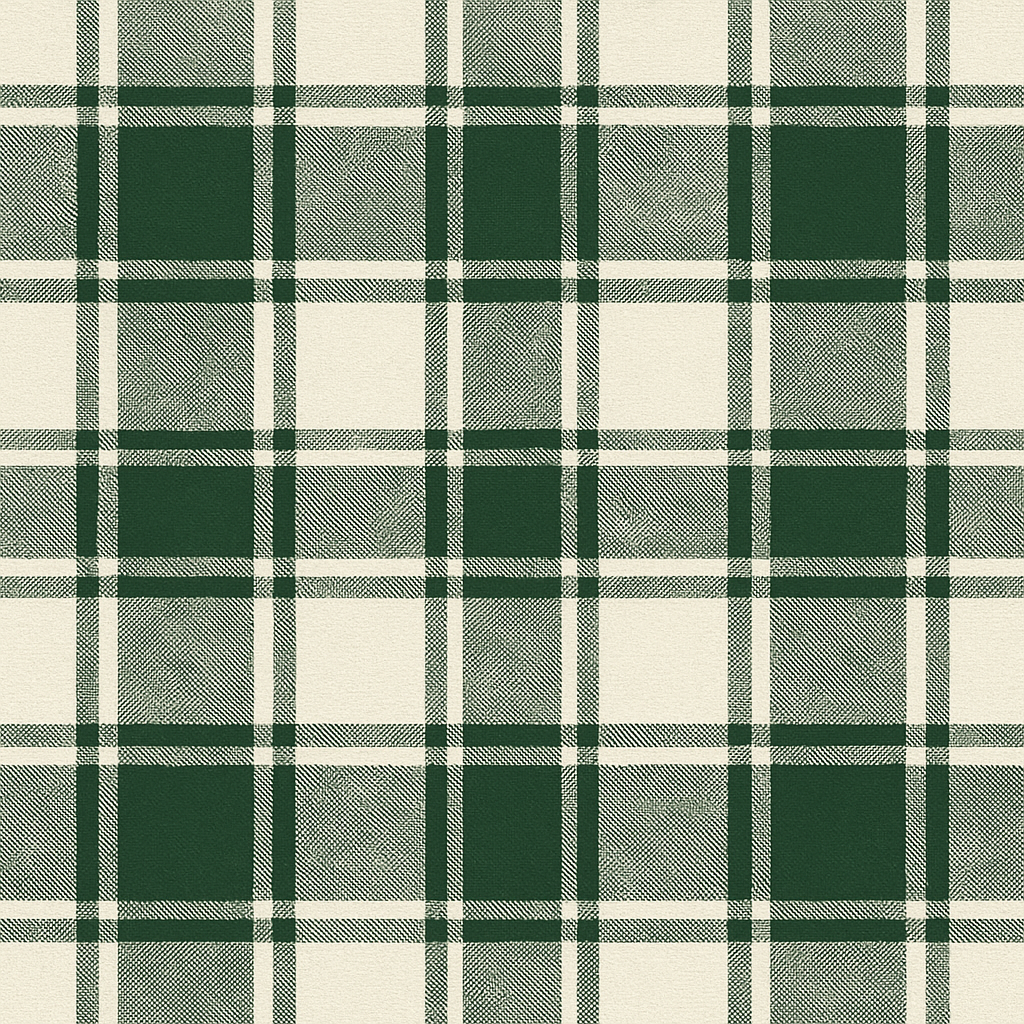 Green plaid wallpaper with off-white accents and woven texture.