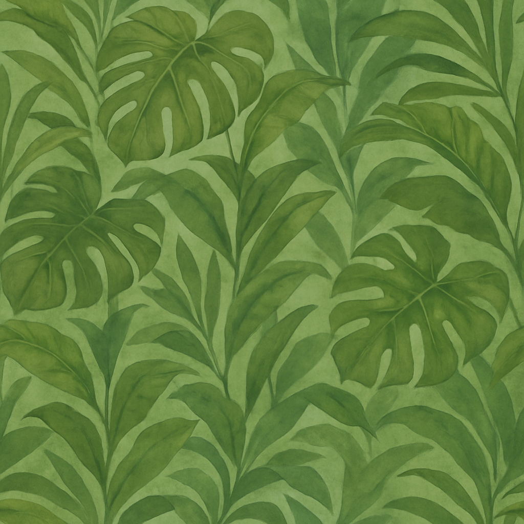 Green leafy wallpaper with monstera and palm frond pattern.