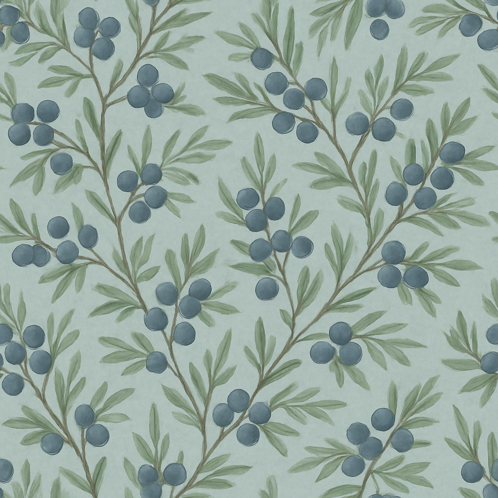 Botanical wallpaper with blue juniper berry pattern on a light blue background.