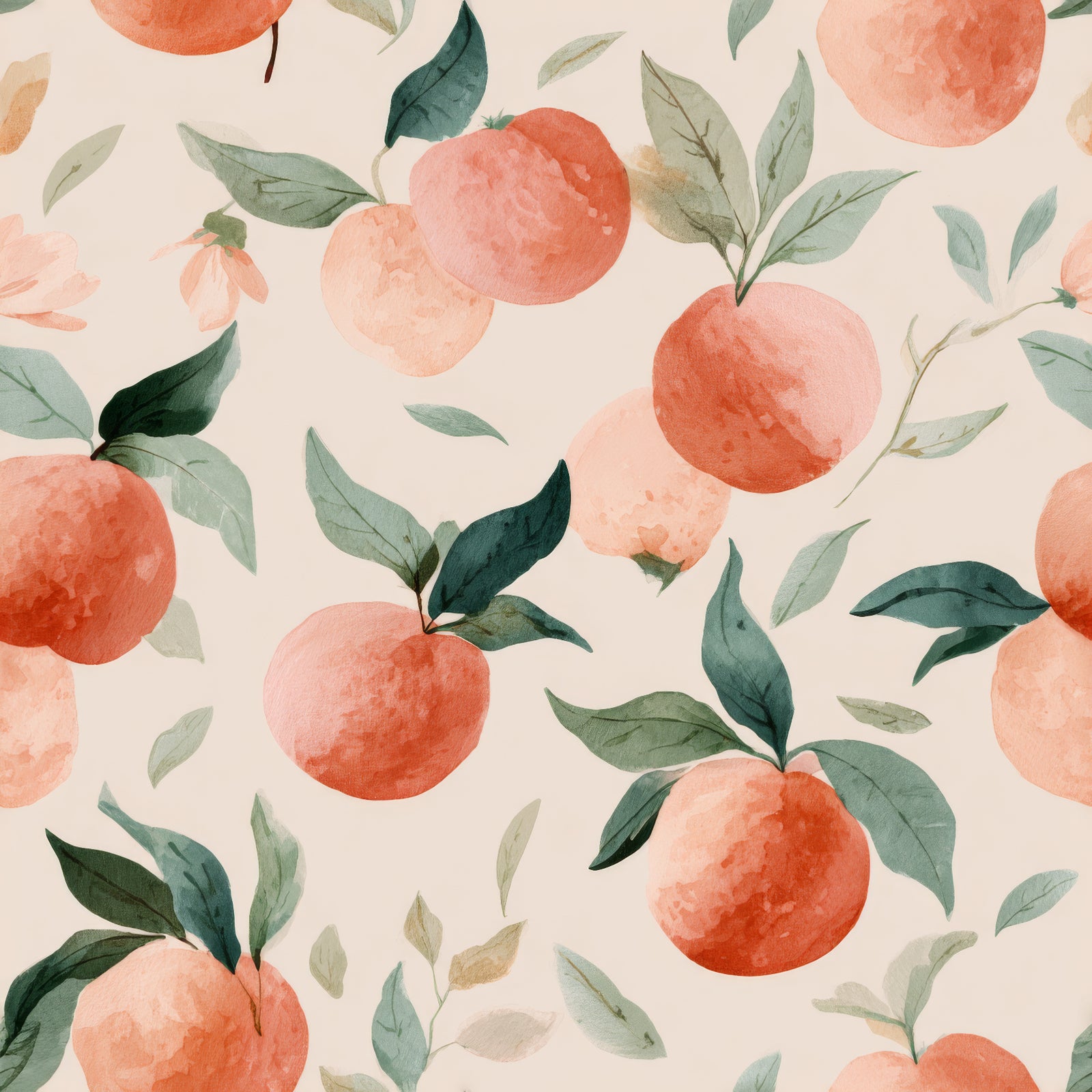 Peach Orchardwell wallpaper with a botanical watercolor design, including green leaves and small blossoms.