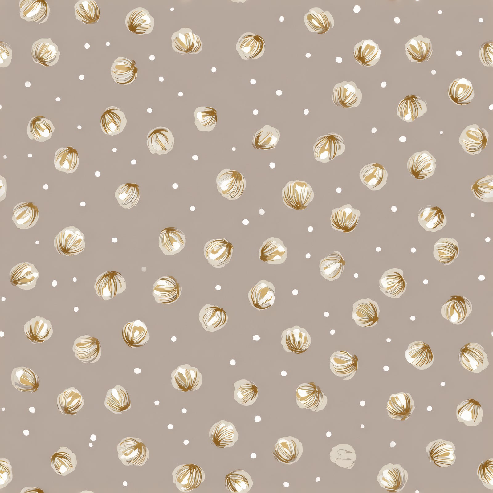 Patterned wallpaper with petal and dot motif on a taupe background.