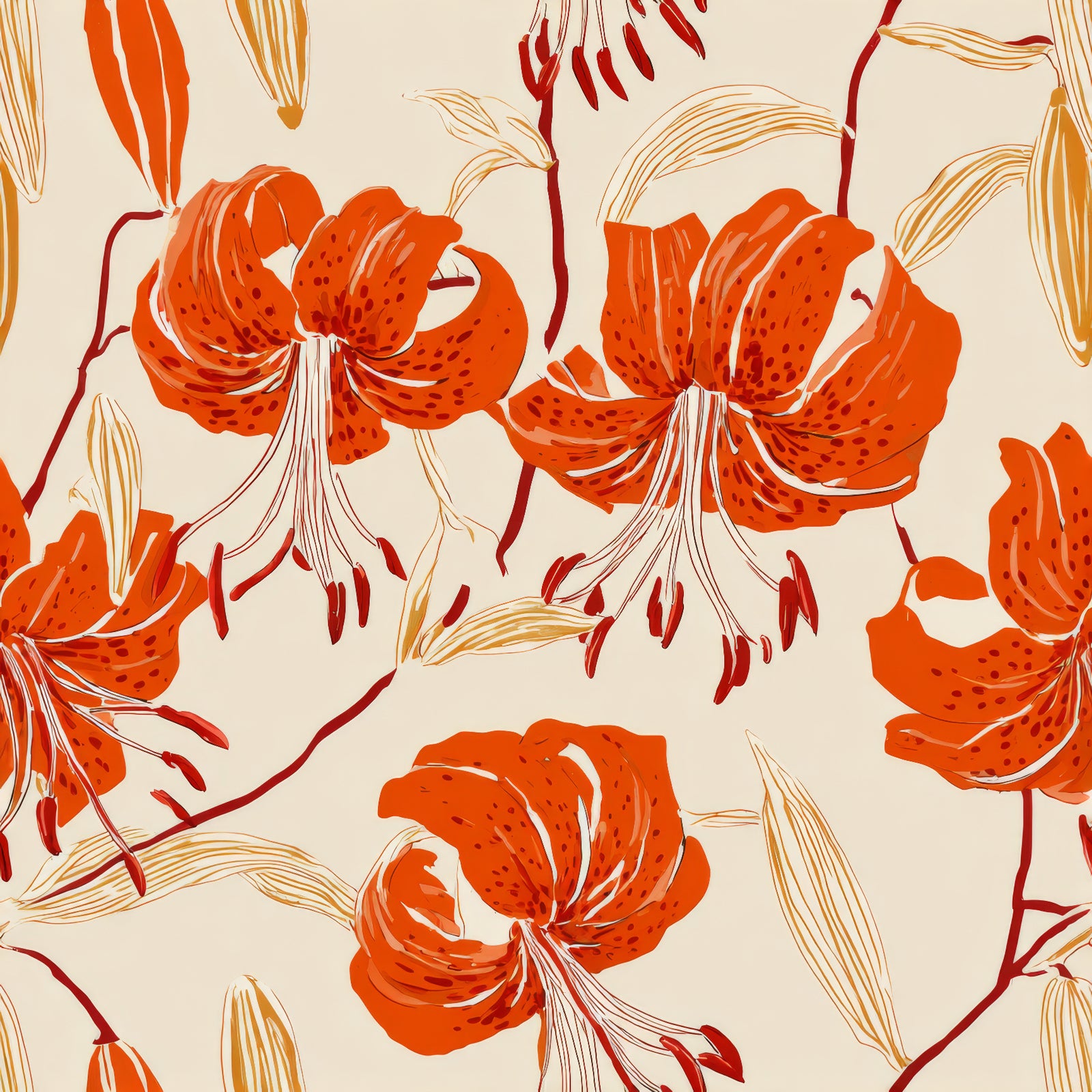 Floral Ember Tilly Wallpaper with orange tiger lily pattern.