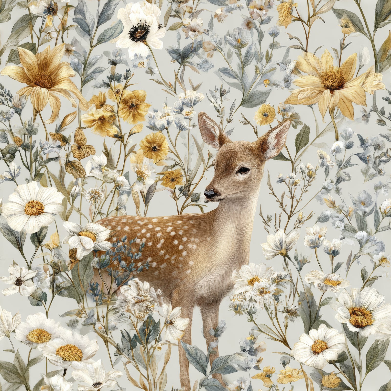 Floral pattern wallpaper with a fawn by Fawnlight, featuring yellow and white flowers with gray-green foliage.
