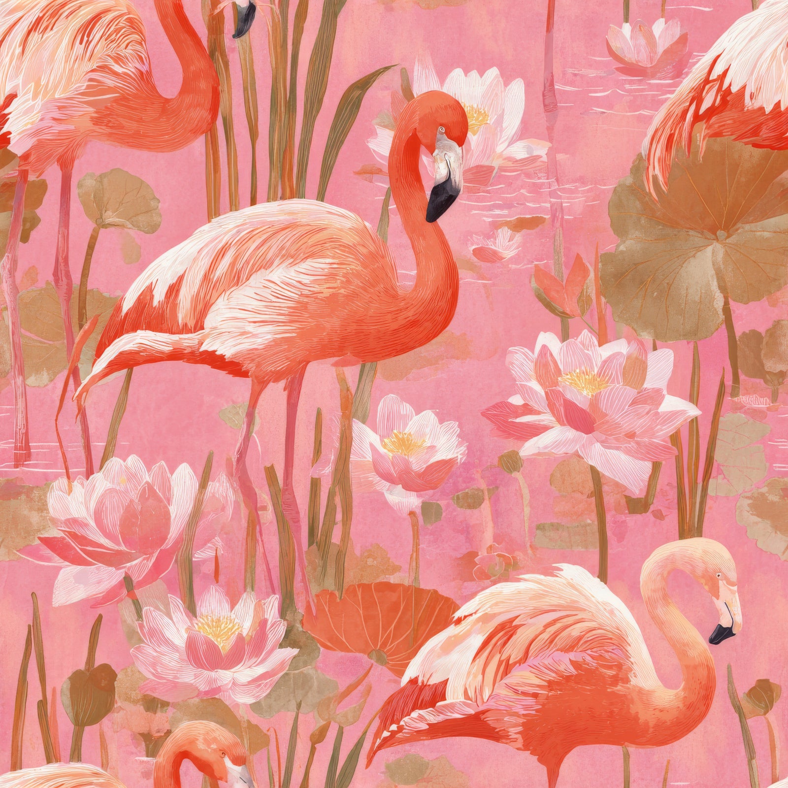 Flamingo and lotus flower wallpaper with pink background, Florenza Lagoon Wallpaper featuring water reflections.