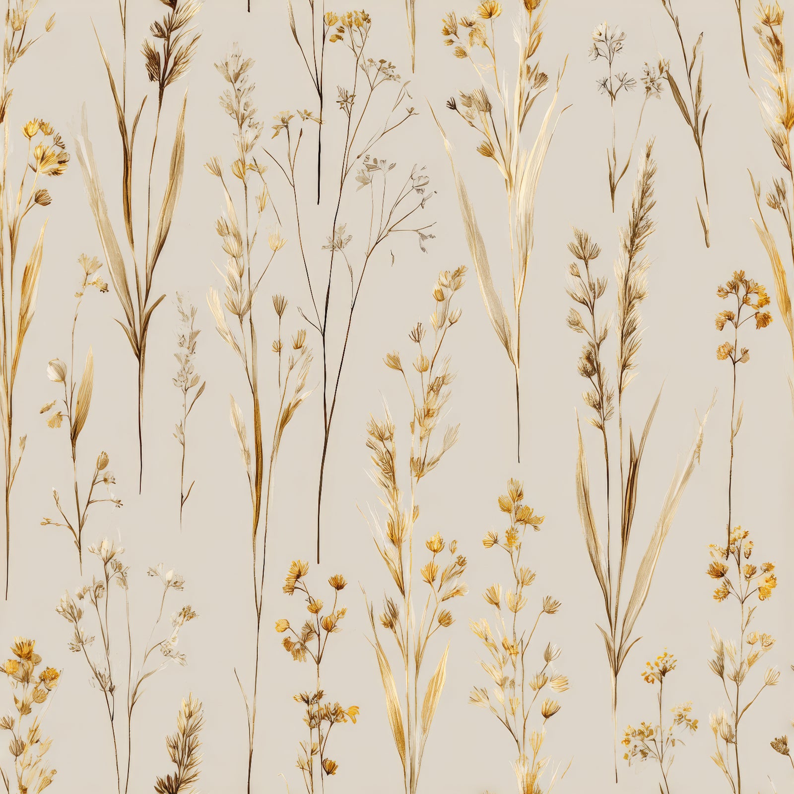 Floral meadow wallpaper with golden accents and neutral background.