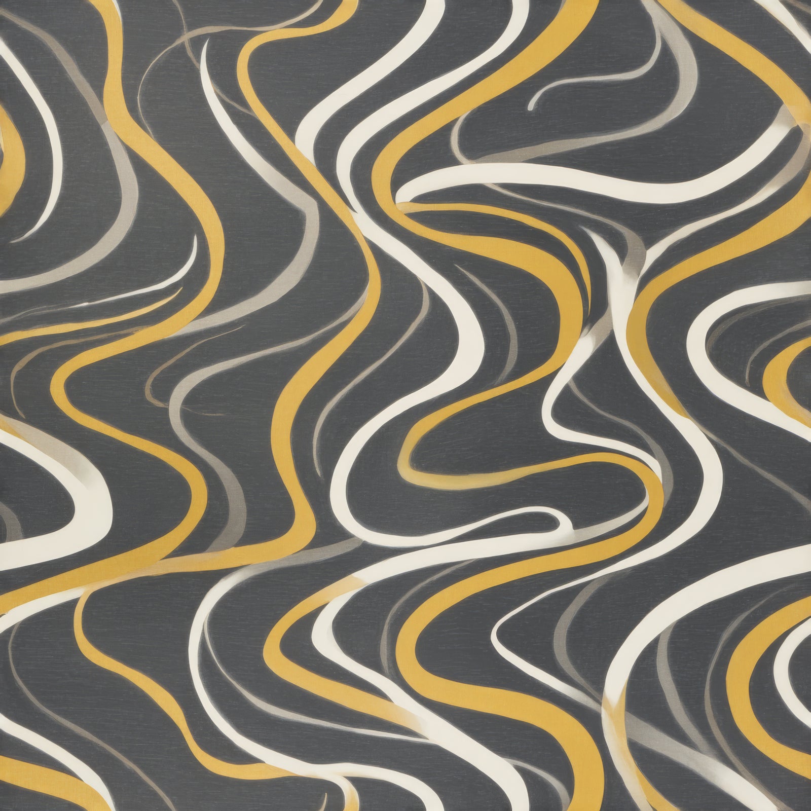 Patterned wallpaper by Goldshore with swirling gold, gray and white lines on a dark textured background.