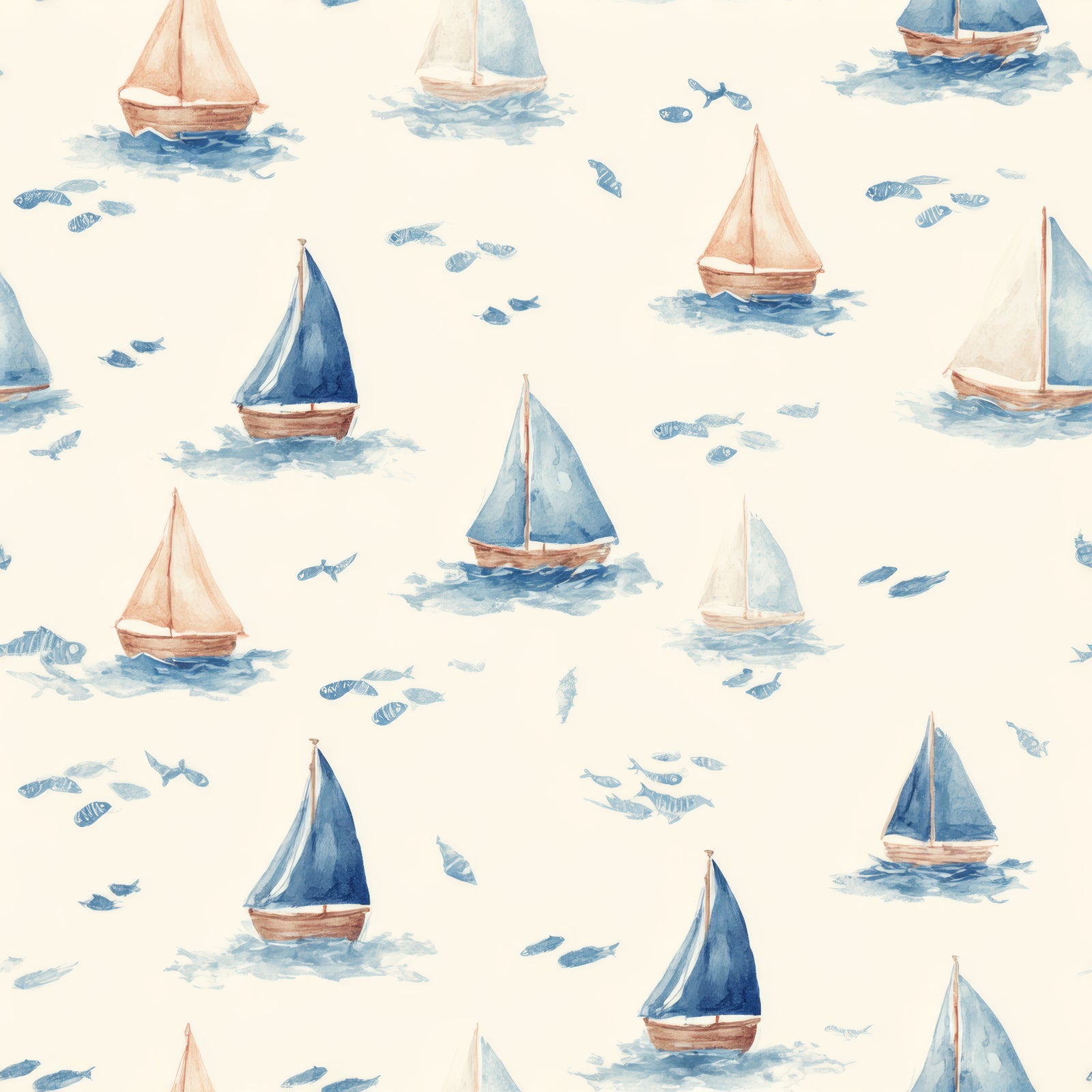 Harbor Drift wallpaper with sailboats and fish pattern, watercolored in shades of blue and tan.