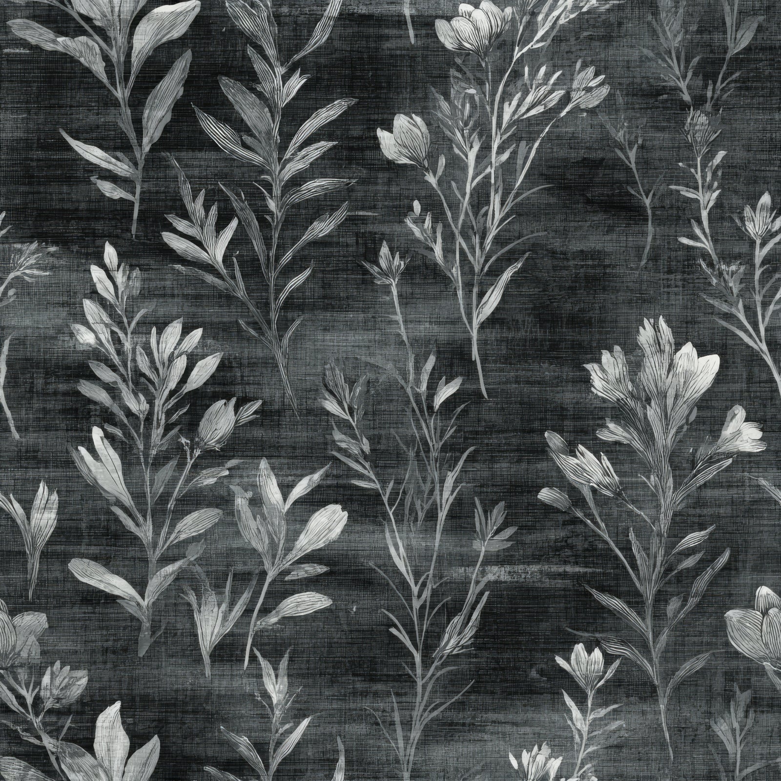 Botanique wallpaper with silver floral design by Havenshade, creating a textured, patterned background.