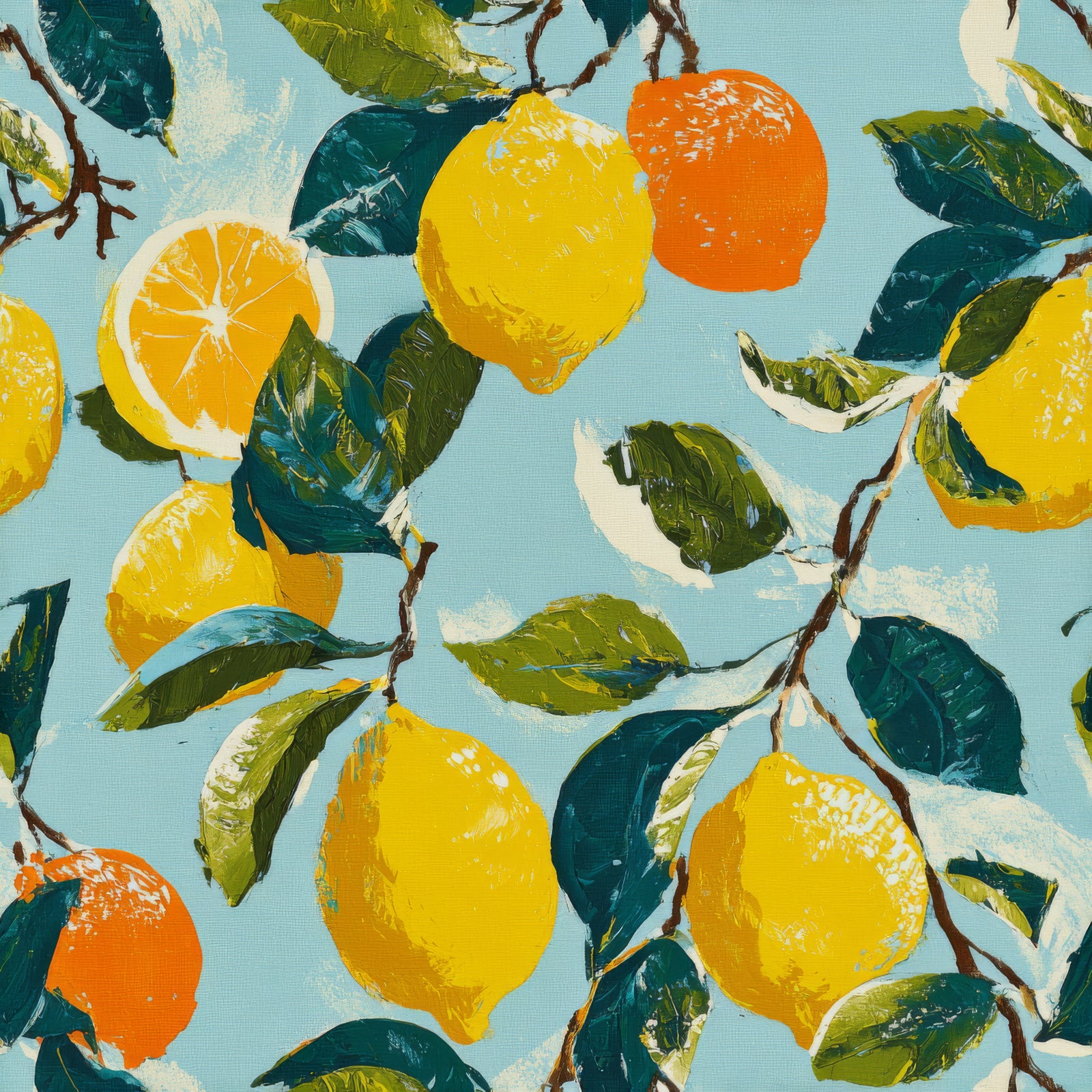 Limonette Isle wallpaper with a lemon and leaf pattern on a textured blue background.