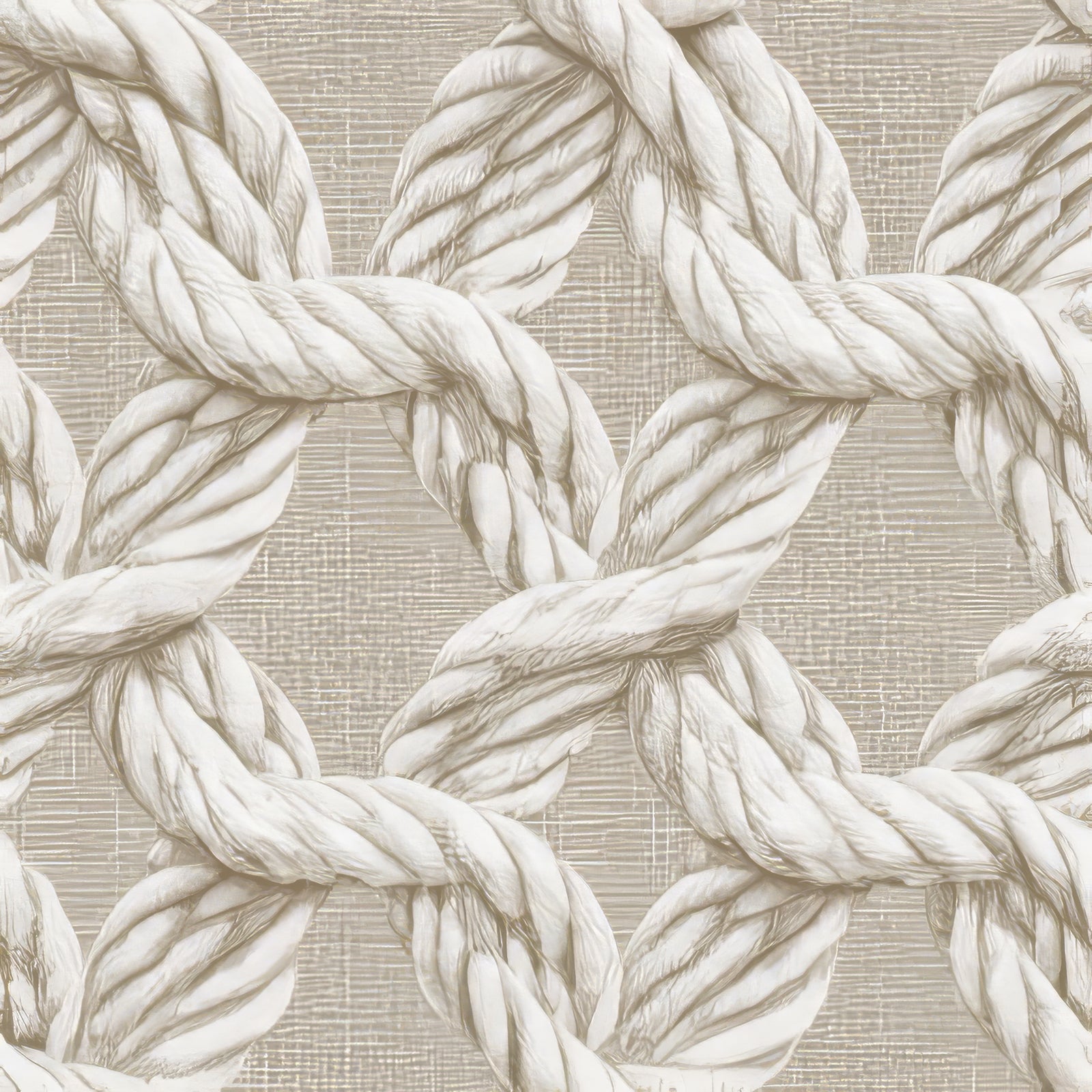 Beige woven-look wallpaper with a rope-knot pattern.