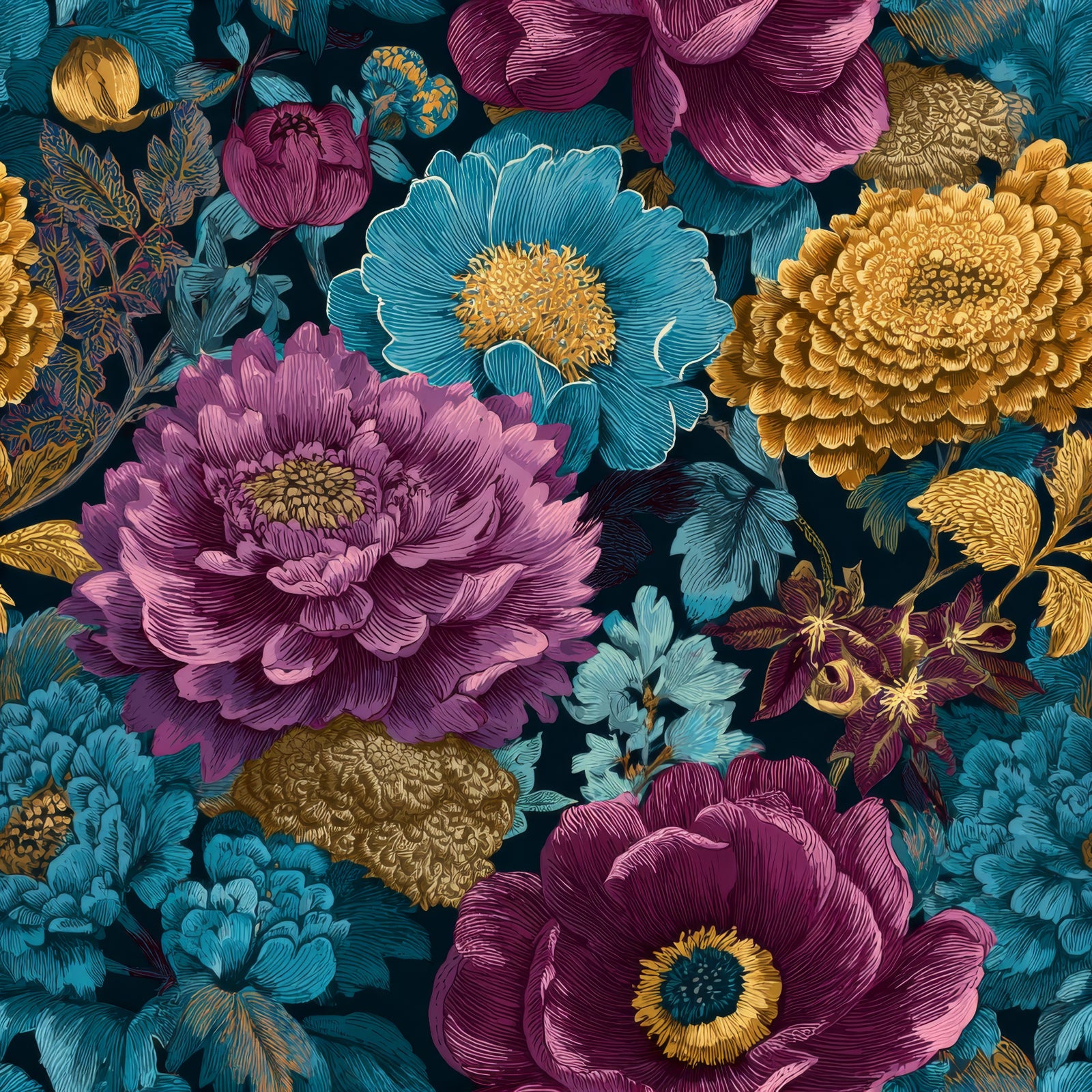 Floral wallpaper with purple, blue, and gold peonies, chrysanthemums, and foliage.