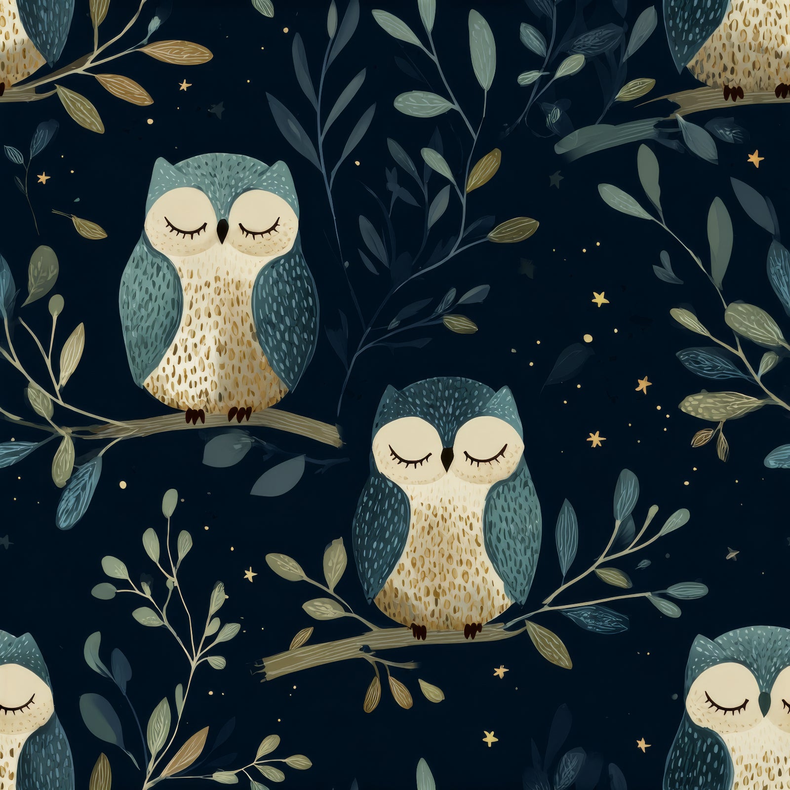 Patterned wallpaper with owls by Moonlark, featuring a whimsical nocturnal woodland scene with stars.