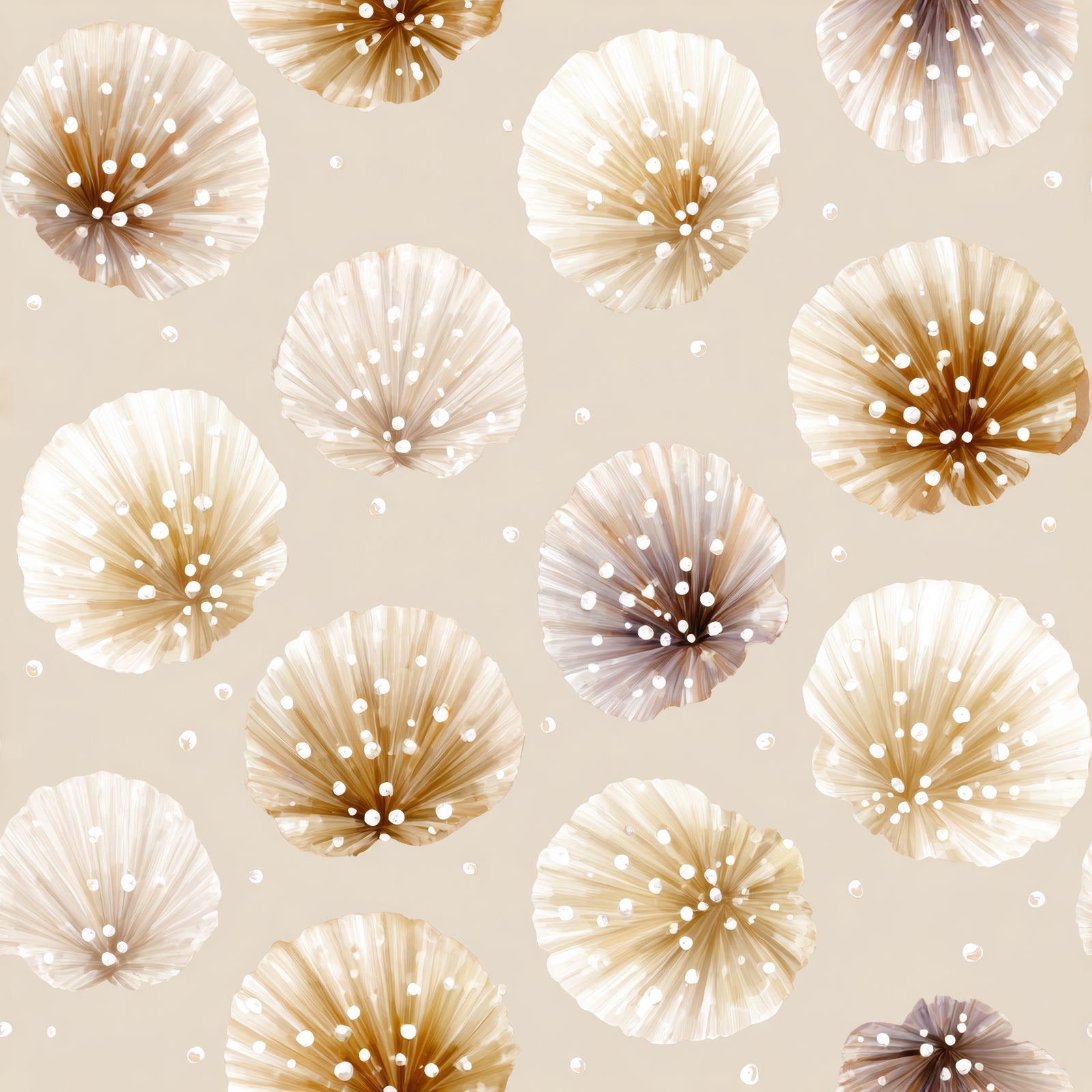 Palladium blush wallpaper with seashell pattern and white dots.