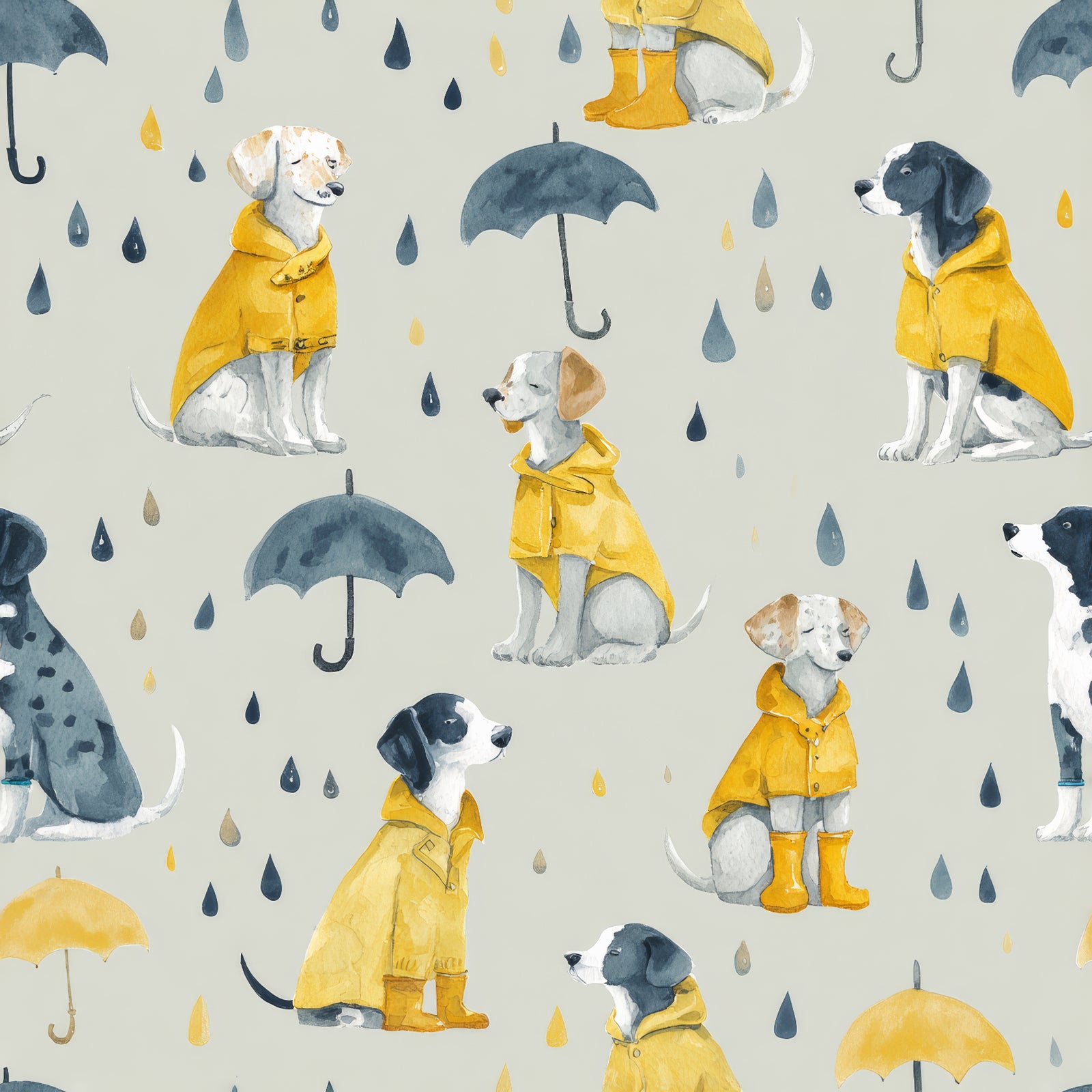 Patterned wallpaper featuring dogs in raincoats and umbrellas.