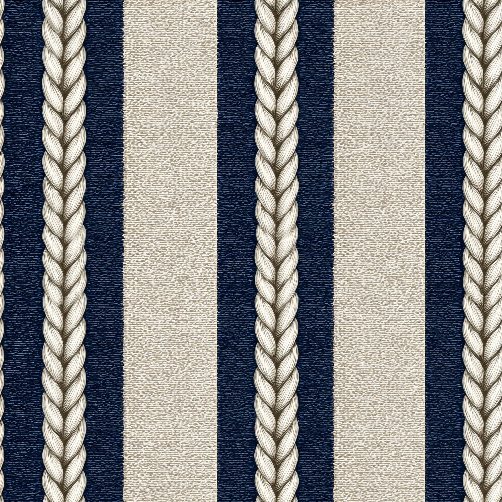 Braided off-white wallpaper with blue stripes, textured background.