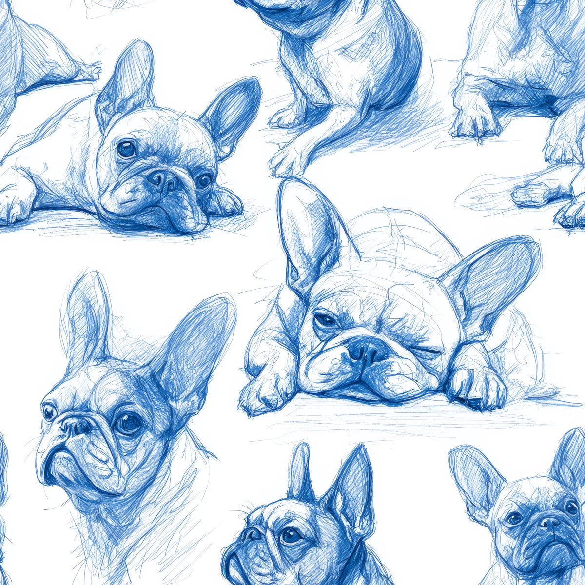 Sketchbook Frenchies wallpaper with sketched blue dogs on a white backdrop.