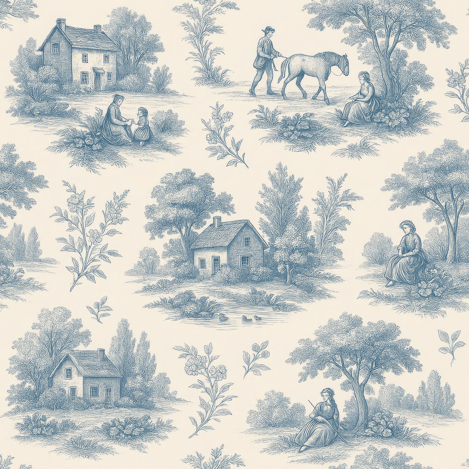 Toile de Jouy wallpaper with a pastoral scene in blue on a beige background.