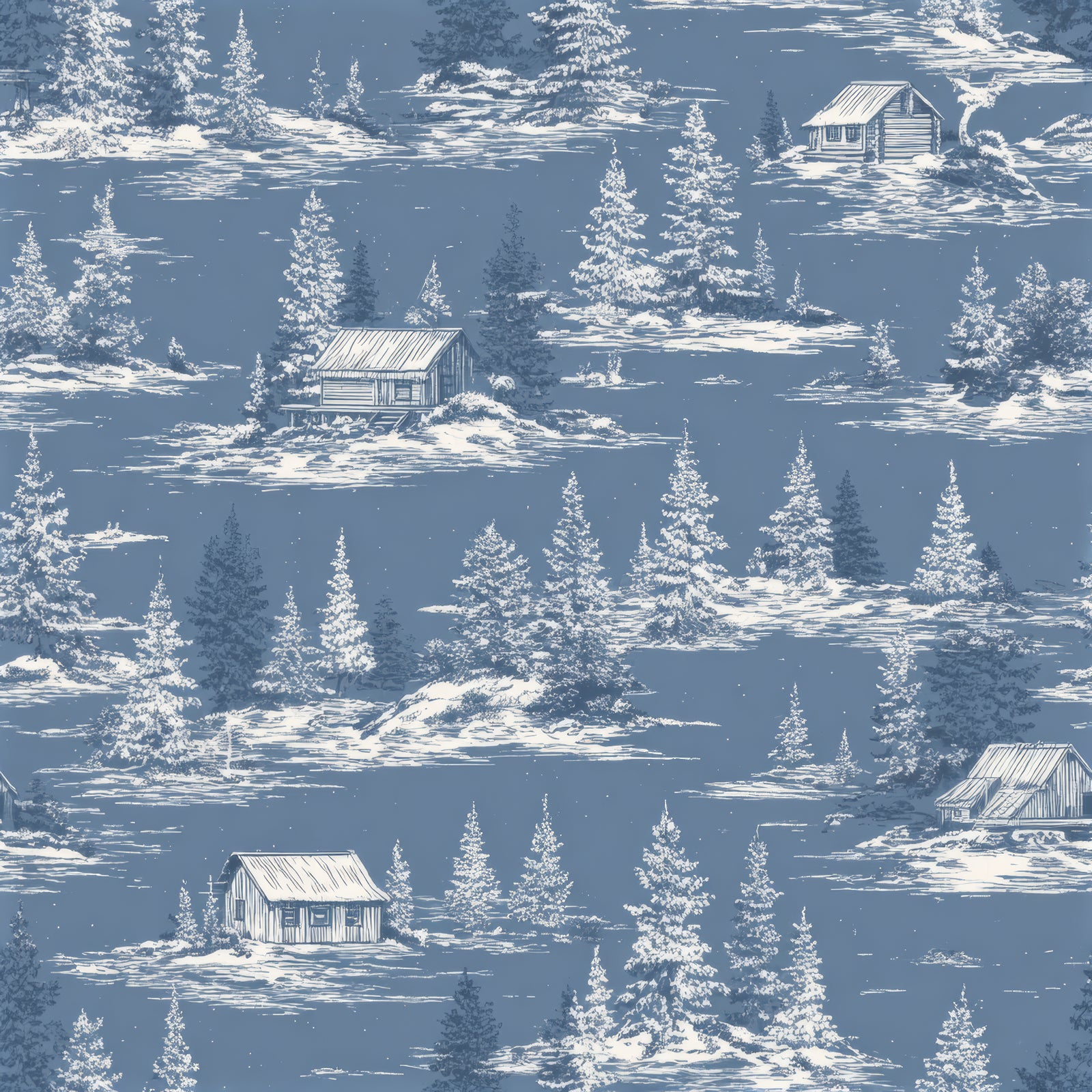 Tundra Pinescape Wallpaper with cabin and tree pattern, in blue and white.