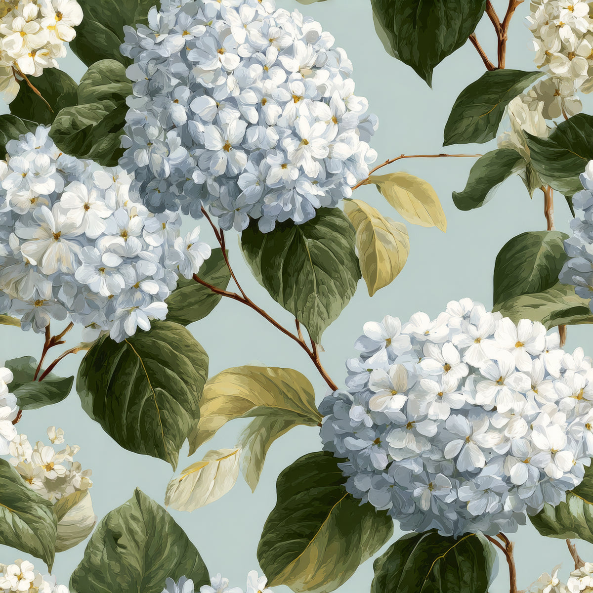 Hydrangea wallpaper in pale blue with a floral pattern of white blooms and green leaves.