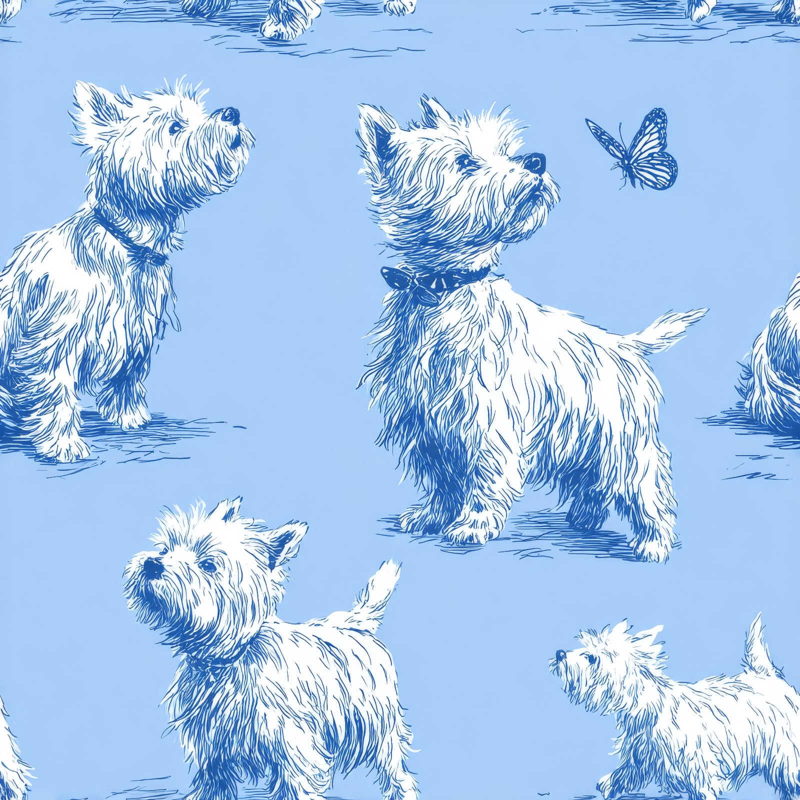 Blue and white Westies wallpaper with dog pattern and butterfly illustration.
