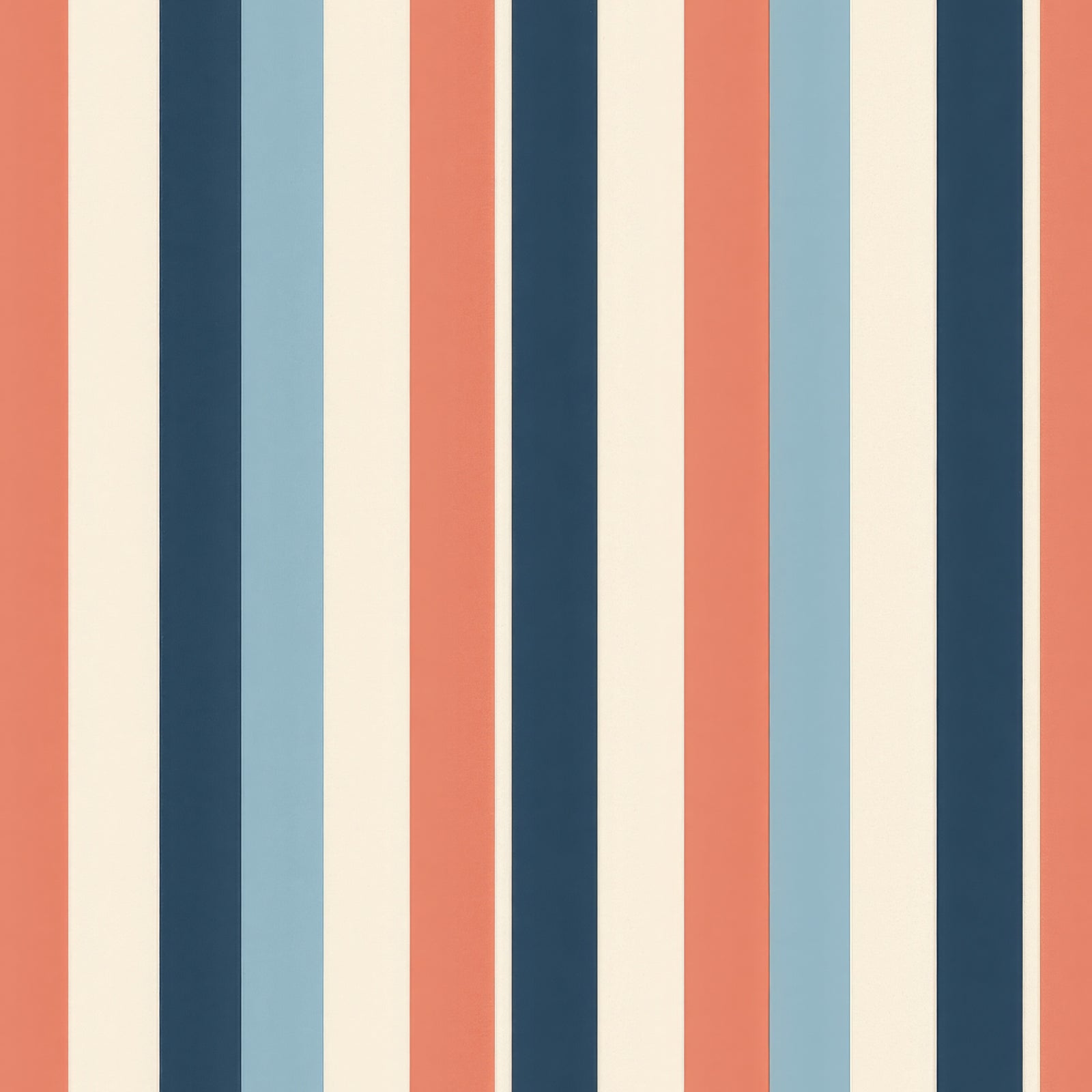 Striped cabana wallpaper with coral, blue and cream colors, forming vertical bands.