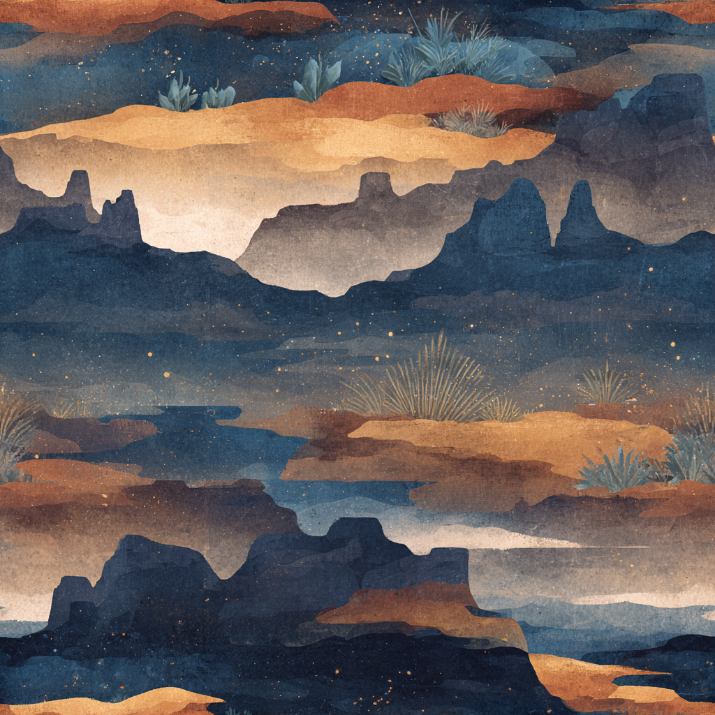 Patterned wallpaper depicting a desert landscape with mountains and plants.