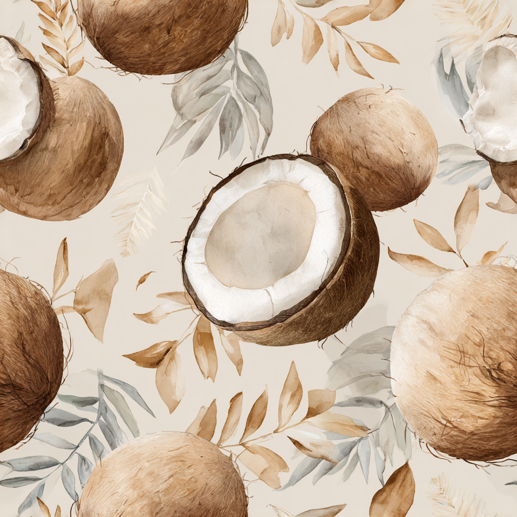 Coconut Grove Wallpaper with watercolor coconut and leaf pattern.