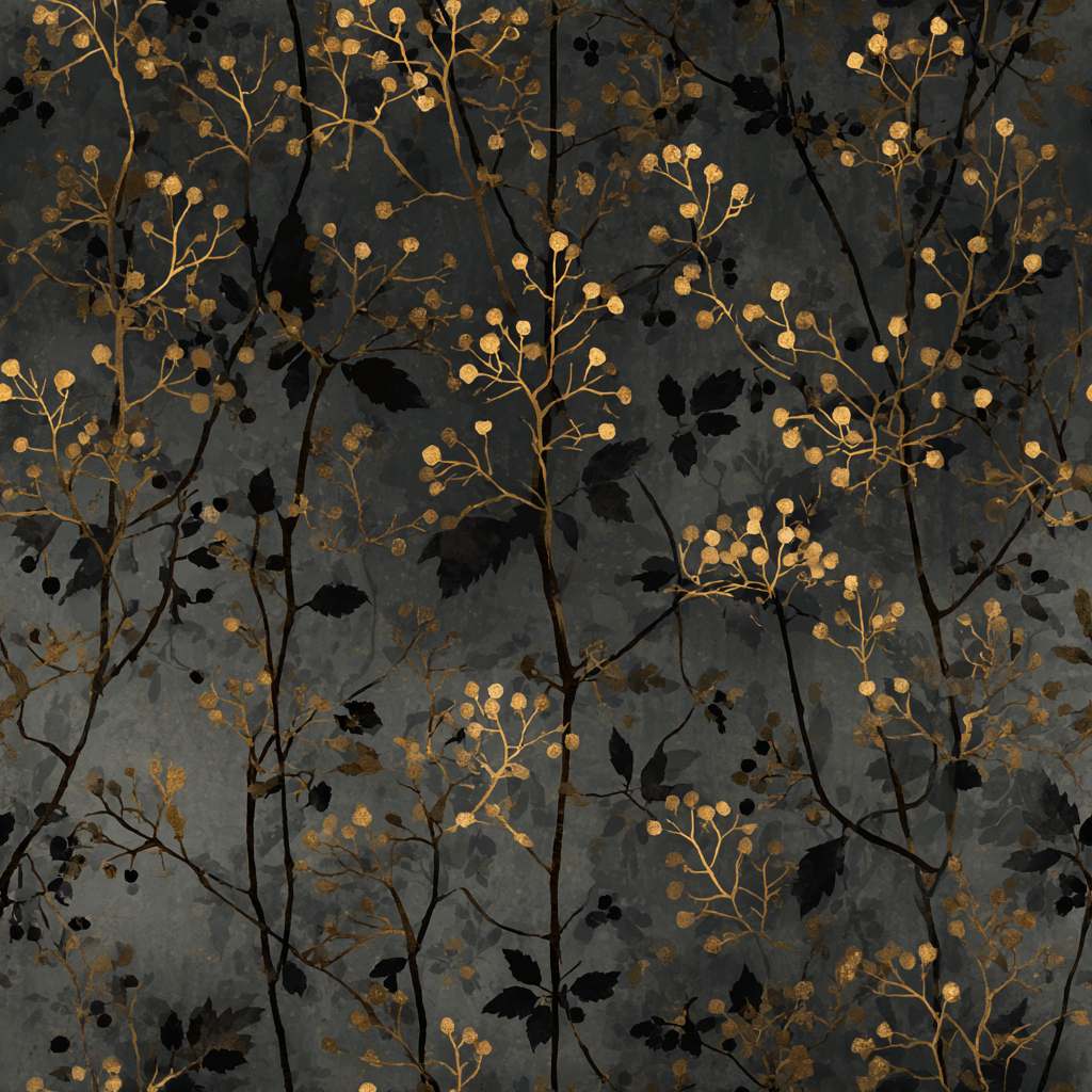 Patterned wallpaper with gold berry canopy on a dark gray textured background.