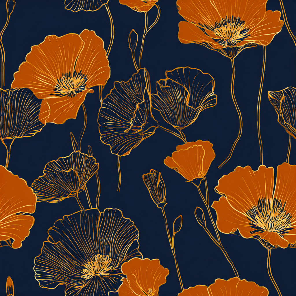 Saffron Silhouette Wallpaper with golden poppy pattern against a dark navy background.