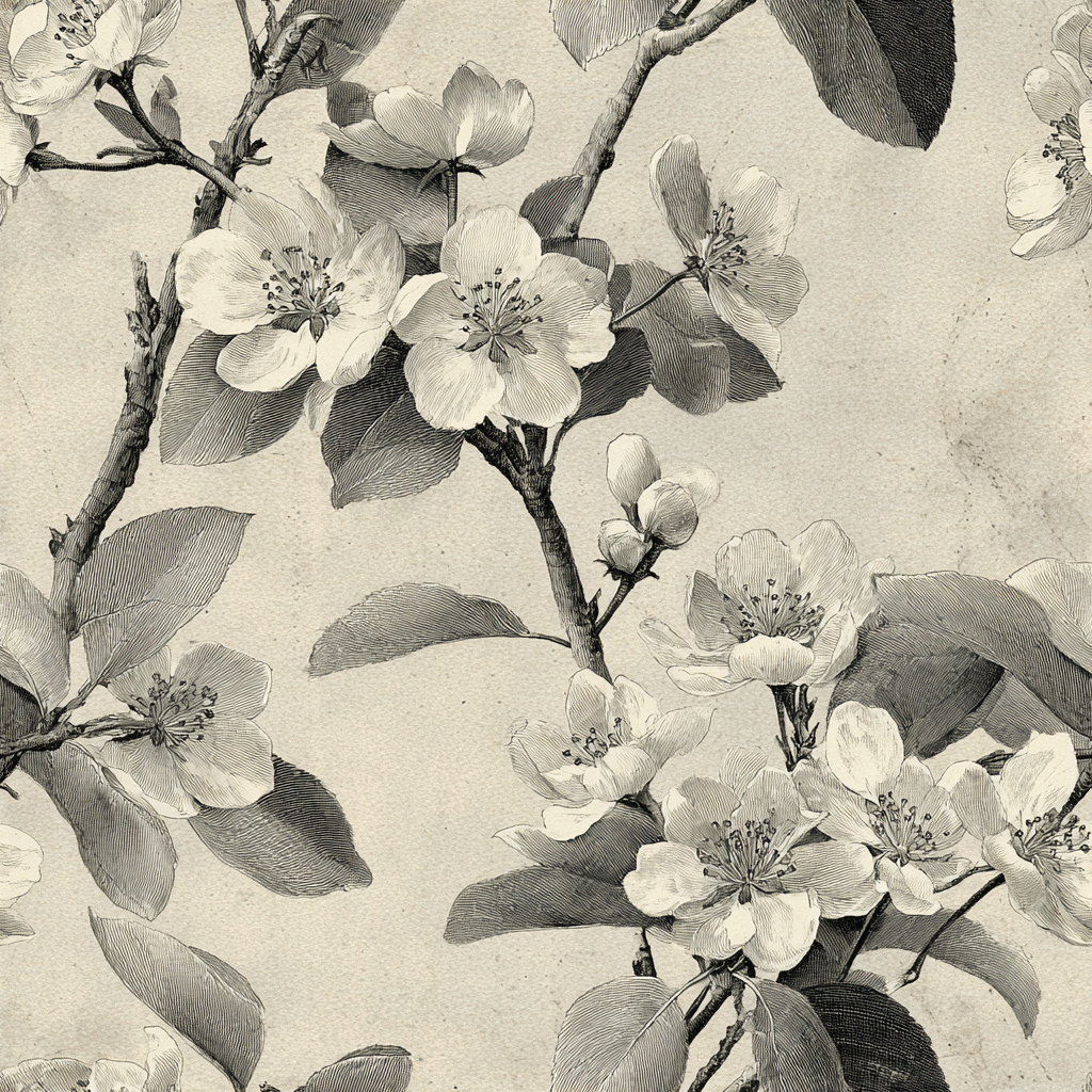 Botanical print wallpaper with an etching pattern of flowering branches.