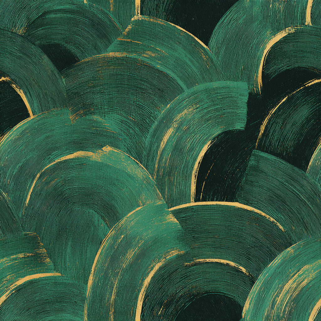 Green and gold patterned wallpaper with abstract half-circle shapes.