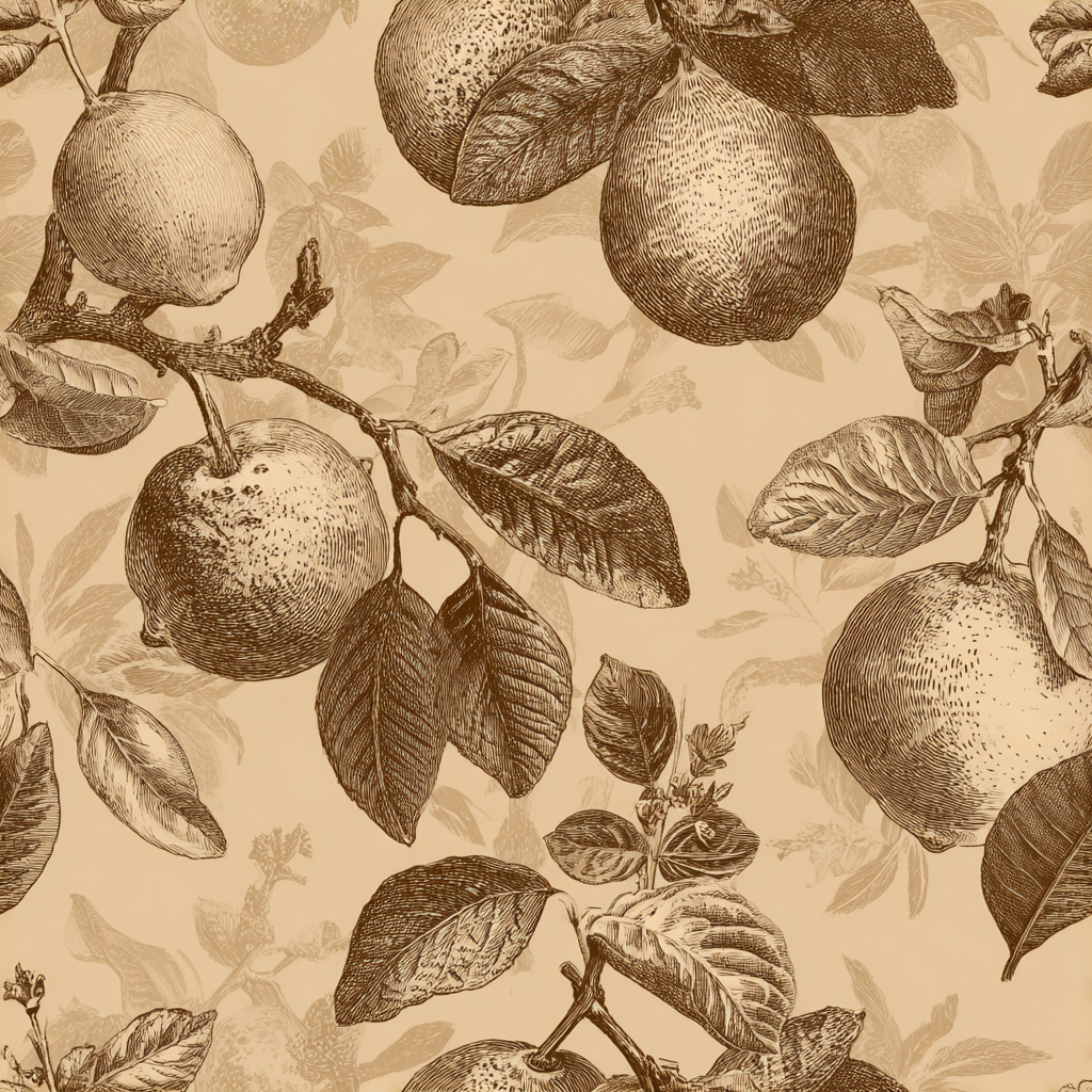 Citron Etch Wallpaper with fruit and leaf pattern on beige background.