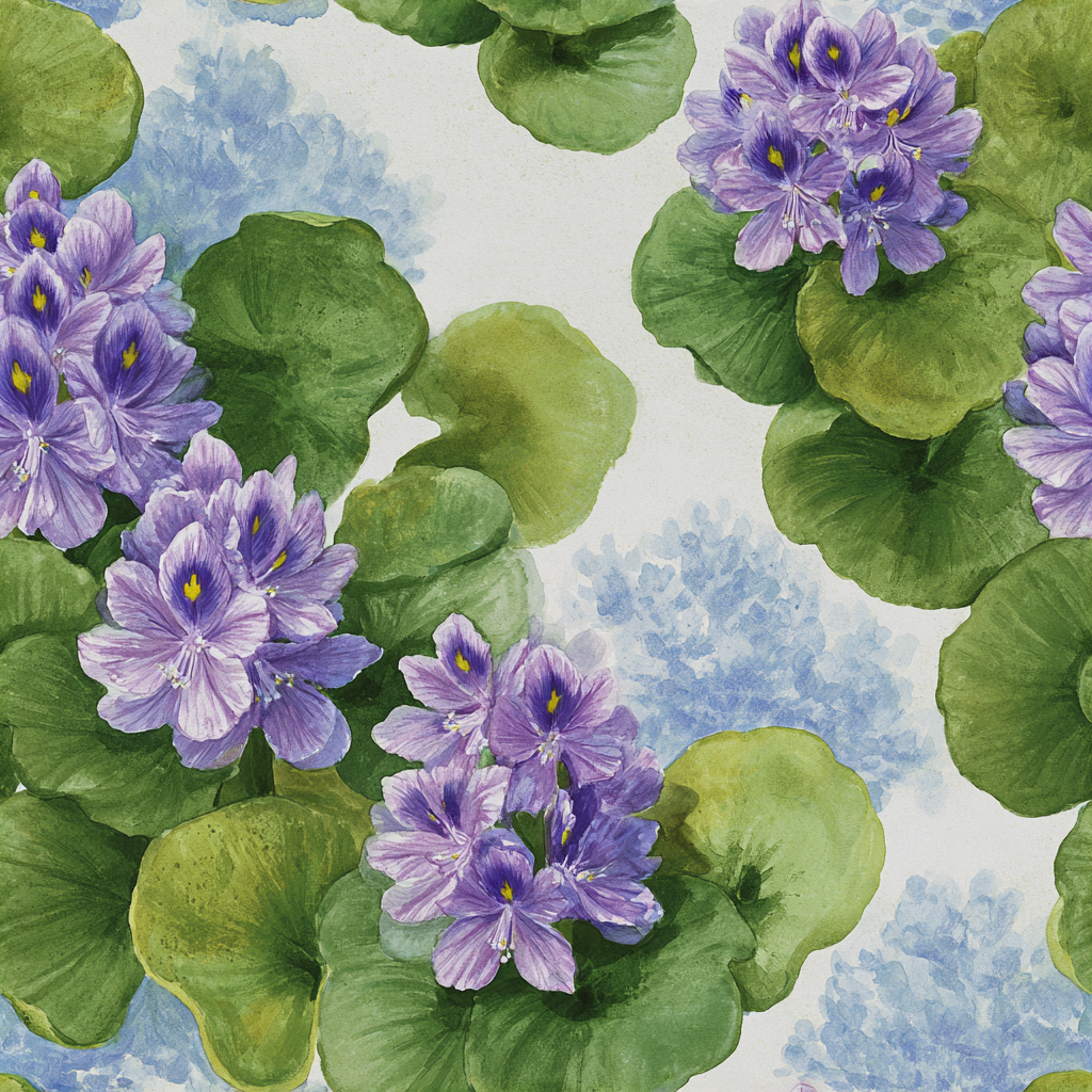 Purple and green Hyacinth Haven Wallpaper with a floral pattern of water hyacinths and foliage.