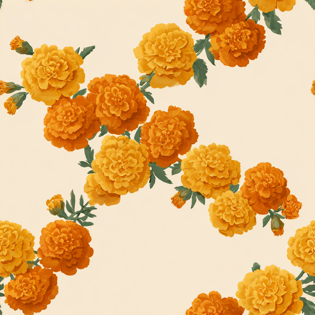 Floral marigold wallpaper with orange and yellow flowers arranged in a repeating pattern.