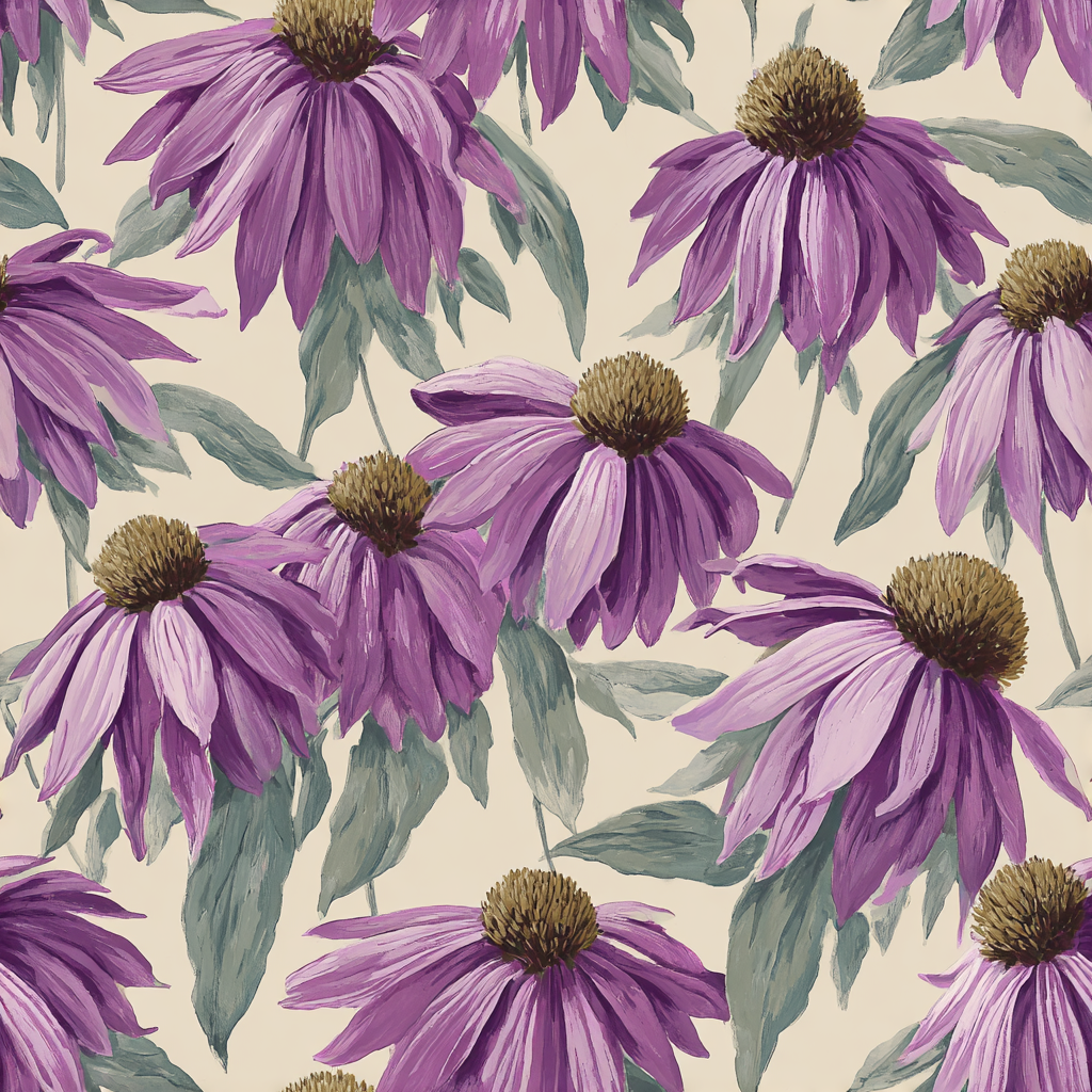 Floral coneflower waltz wallpaper with purple blossoms and green leaves on a cream background.