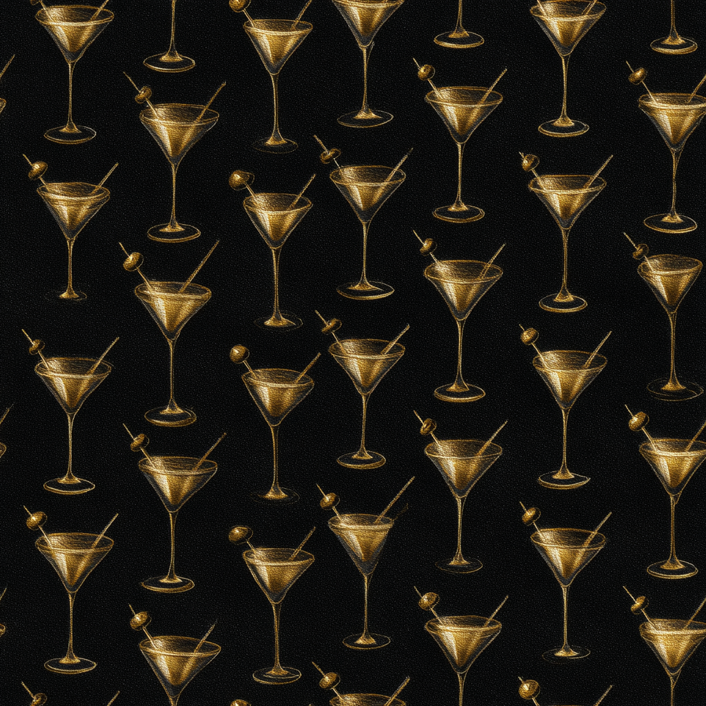 Gold Aurum Martinière Wallpaper with a repeating cocktail glass pattern over a textured black background.