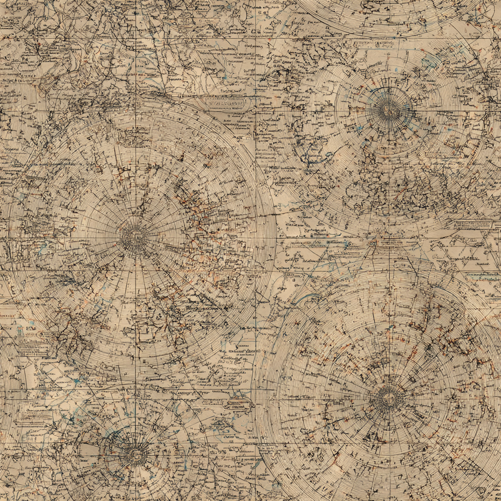 Beige Meridian Atlas wallpaper with circular cartography design.