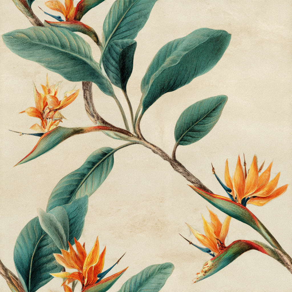 Floral Solandra Wallpaper with botanical bird of paradise pattern.
