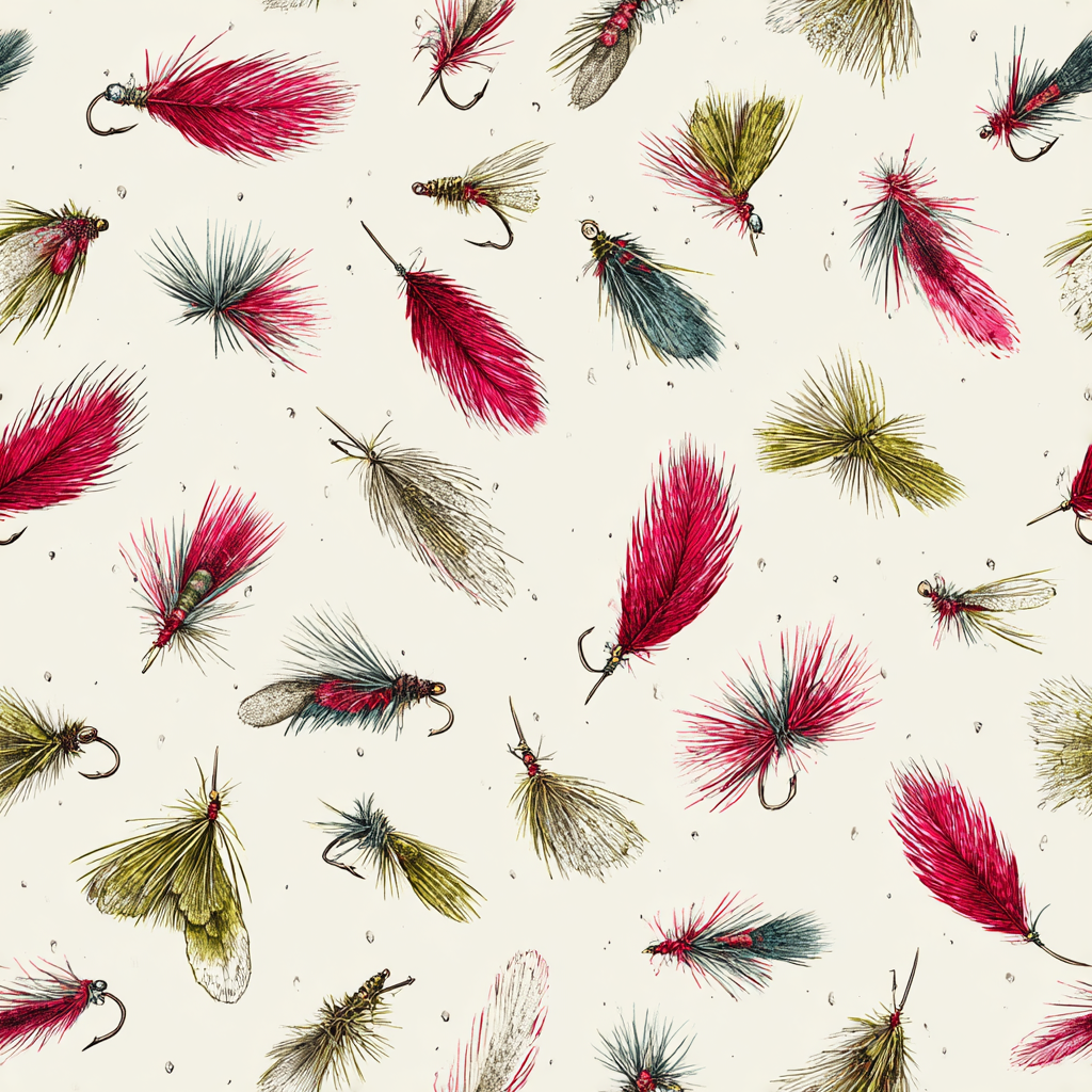 Fly fishing lure pattern wallpaper, by unknown vendor, featuring assorted colors and hook details.