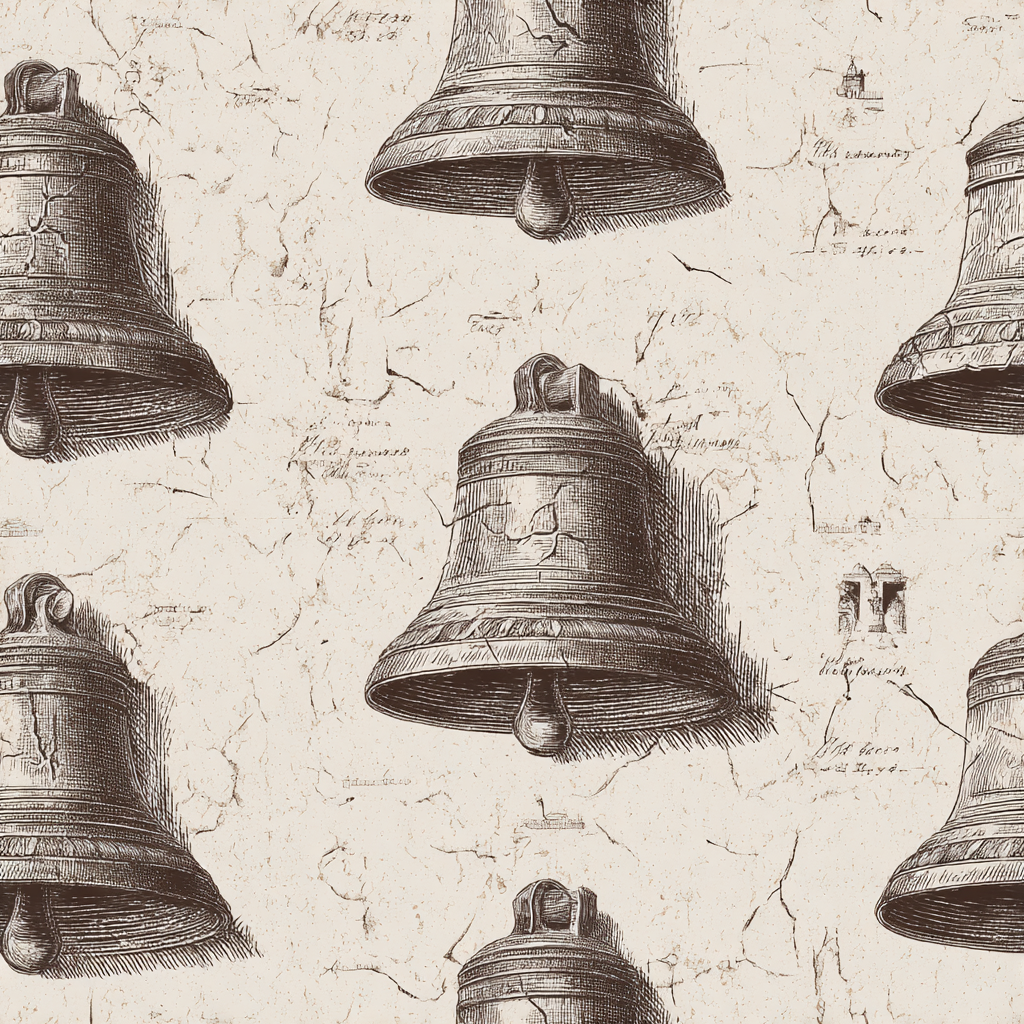 Repeating bronze bell wallpaper pattern with script accents and cracked plaster effect.