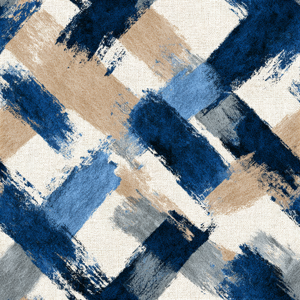 Abstract indigo draft wallpaper with brown and grey brushstrokes on a textured cream background.