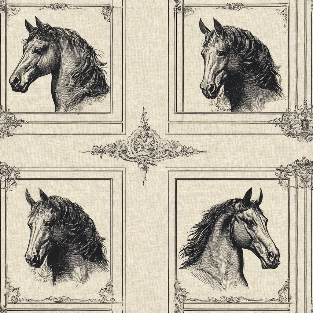 Classical horse print wallpaper with framed heads, classic style and decorative accents.