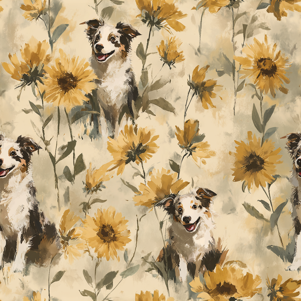 Sunlit shepherd wallpaper with sunflower and dog pattern.