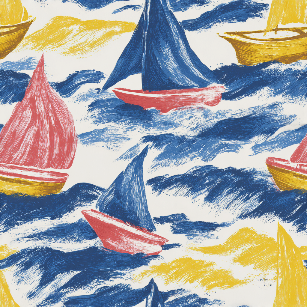 Nautical sailboat wallpaper with red, yellow, and blue illustration.